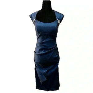 BA Nites Cocktail Party Dress Evening Bodycon Midi Ruched Blue Satin Size 4